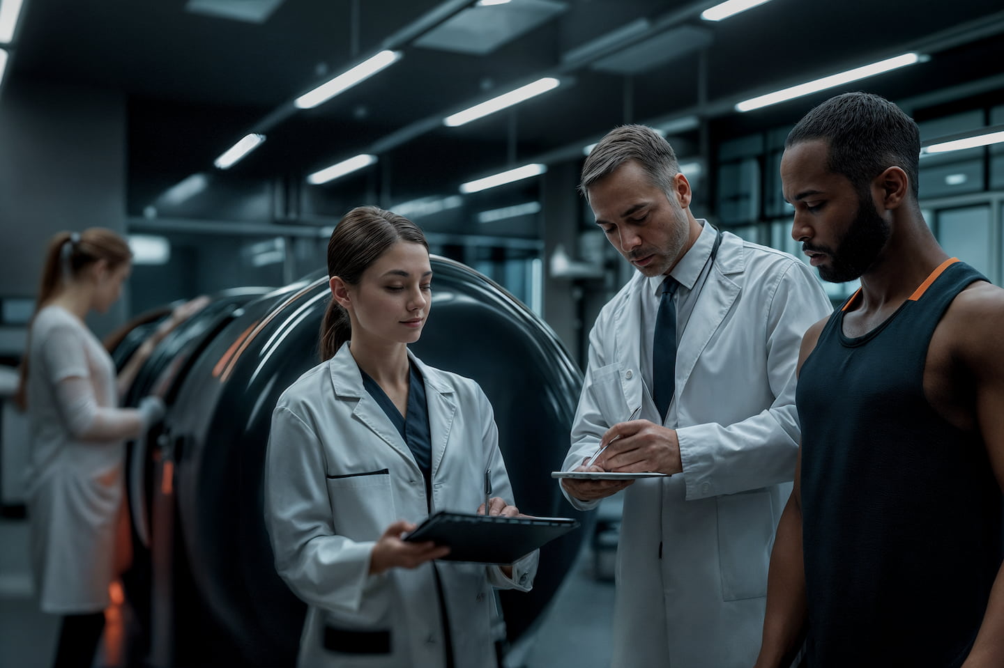 employees on the background of equipment